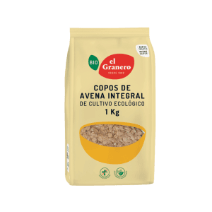 Bolsa de Avena Copos Gruesos Integrales Bio 1kg de El Granero, producto ecológico, con textura gruesa y suave, ideal para un desayuno saludable.