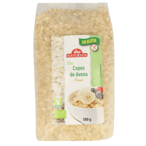 Avena Copos Finos Sin Gluten 500gr Natursoy en envase, un superalimento ecológico ideal para disfrutar de una digestión saludable, controlar el colesterol y mantener la energía durante todo el día.