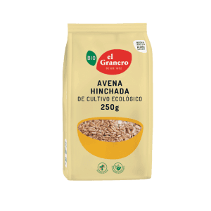 Bolsa de Avena Hinchada Bio 250g de El Granero Integral, producto ecológico, ligero y crujiente, sin azúcares añadidos, ideal para desayunos saludables.