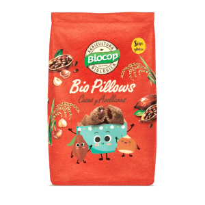 Paquete de Biopillows Cacao y Avellanas Sin Gluten 300g de Biocop, crujientes almohadillas ecológicas rellenas de crema de cacao y avellanas.