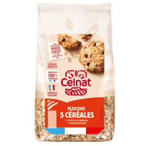 Copos 5 Cereales 500gr Celnat, mezcla ecológica de avena, trigo, cebada, centeno y arroz, perfecta para un desayuno saludable y lleno de nutrientes esenciales.