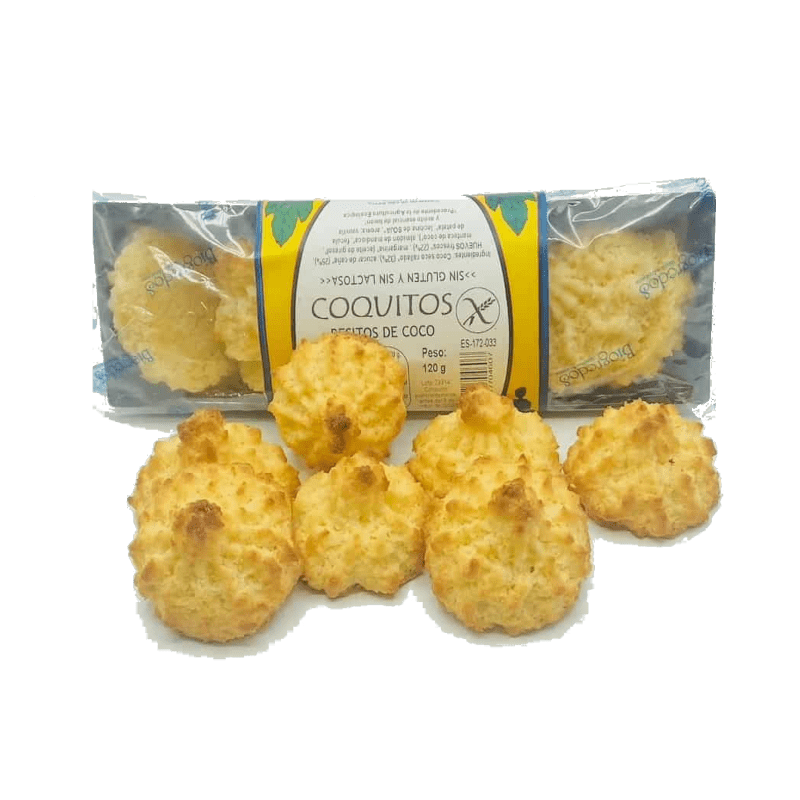 Coquitos Sin Gluten Ecológicos 120gr Biogredos, deliciosos y naturales, elaborados con coco ecológico. Ideal para un snack saludable y libre de gluten.