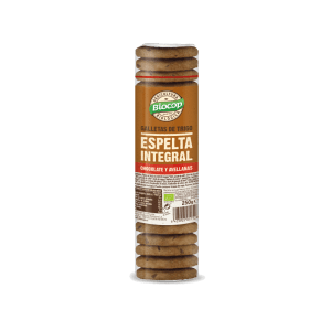 Galletas de Espelta Integral con Chocolate y Avellana 250gr Biocop, ecológicas y saludables, elaboradas con harina de espelta integral, chocolate de alta calidad y avellanas en pasta. Perfectas para un snack delicioso y nutritivo.