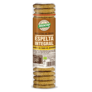 Galletas de Espelta Integral con Limón y Jengibre 250gr Biocop, ecológicas y saludables, elaboradas con harina de espelta integral, jengibre en polvo y zumo de limón. Perfectas para un snack delicioso y nutritivo.