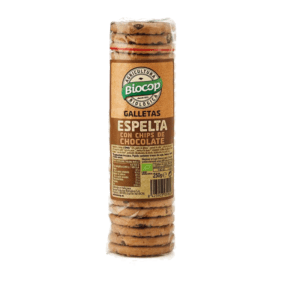 Galletas de Espelta Integral con Chips de Chocolate 250gr Biocop, ecológicas y saludables, elaboradas con harina de espelta integral y chips de chocolate de alta calidad. Perfectas para un snack delicioso y nutritivo.