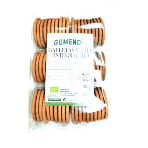 Galletas María Integral Bio 400gr Gumendi, ecológicas y saludables, elaboradas con harina integral de trigo y grasas vegetales no hidrogenadas. Perfectas para un snack delicioso y nutritivo.