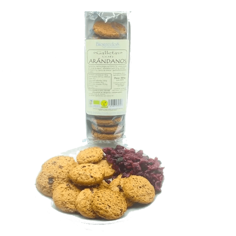 Galletas de Arándanos Ecológicas Biogredos 200g, elaboradas con arándanos frescos y ecológicos, perfectas para un snack saludable y delicioso.