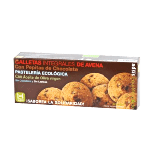 Paquete de Galletas de Avena Integrales Ecológicas con Chocolate 125g de Equimercado, elaboradas con ingredientes ecológicos y de Comercio Justo.