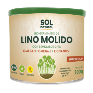 Germinado de Lino Molido con Semillas de Chía 300gr Sol Natural en envase, un superalimento ecológico ideal para mejorar la digestión, la salud cardiovascular y disfrutar de una nutrición completa.