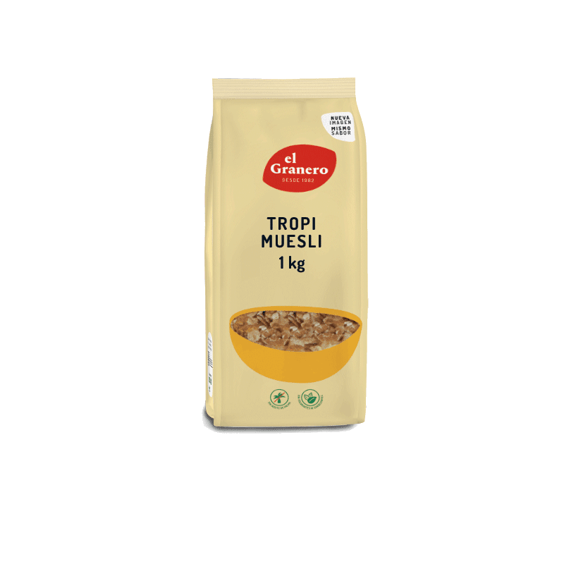 Muesli Tropi Muesli 1kg El Granero, mezcla de avena, frutas deshidratadas y frutos secos, ideal para un desayuno saludable y energético.