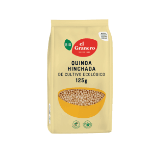 Quinoa hinchada ecológica 125g El Granero, fuente de proteínas y fibra, ideal para una alimentación saludable y sin gluten.