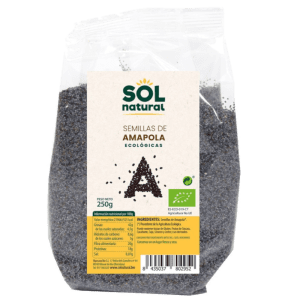 Semillas de Amapola Ecológicas Bio 250gr Sol Natural en envase, un superalimento natural ideal para mejorar la digestión, fortalecer los huesos y disfrutar de un sabor suave en tus recetas diarias.