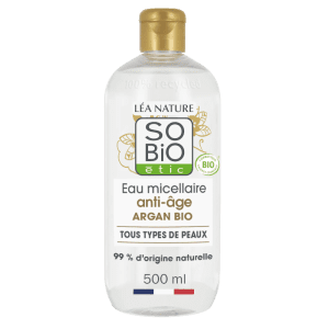 Envase de Agua Micelar Antiedad con Argán Bio de SO'BiO étic de 500 ml, disponible en Equitanea.