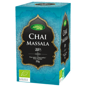 Caja de Chai Massala Ecológico Bio 30g 20 Bolsitas de Artemis con ingredientes ecológicos como canela, jengibre y cardamomo, disponible en Equitanea.