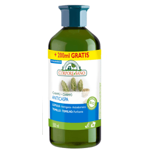 Botella de Champú Anticaspa de Lúpulo y Tomillo Ecológico Bio 500ml de Corpore Sano, disponible en Equitanea. Elimina la caspa y cuida tu cabello de forma natural.