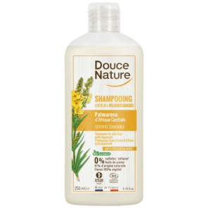 Envase del Champú Anticaspa de Palmarosa Ecológico Bio 250ml de Douce Nature, disponible en Equitanea.