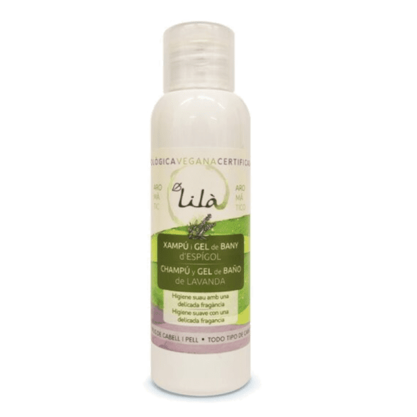 Envase del Champú y Gel de Baño de Lavanda Ecológico Bio Vegano 100ml de Lilà Cosmetics, disponible en Equitanea. Limpieza natural y relajante con lavanda.
