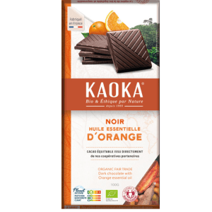 Chocolate Negro Huile Essentielle D'Orange Ecológico Bio Comercio Justo República Dominicana 100gr Kaoka, sabor intenso con toque cítrico, disponible en Equitanea.