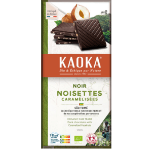 Chocolate Negro Noisettes Caramélisées Ecológico Bio Comercio Justo Santo Tomé 100gr Kaoka, sabor intenso con avellanas caramelizadas, disponible en Equitanea.