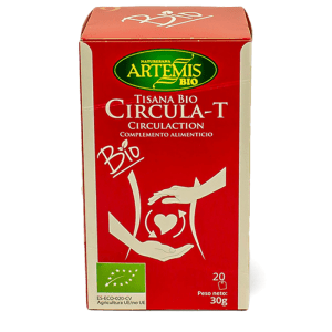 Circula-T Ecológico Bio 30gr 20 Bolsitas Artemis con vid roja y hibisco para mejorar la circulación y promover la salud cardiovascular. Disponible en Equitanea.
