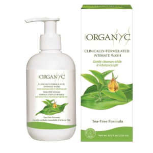 Envase del Gel Íntimo de Árbol de Té Ecológico Bio 250ml de Organyc disponible en Equitanea, destacando sus ingredientes naturales y certificación ecológica.