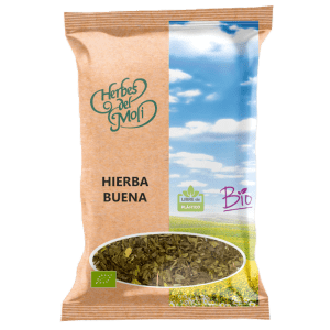 Envase de Hierba Buena Ecológica Bio 20gr de Herbes del Molí, ideal para infusiones refrescantes y beneficios digestivos.