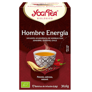 Caja de "Hombre Energía Ecológico Bio 30g – 17 Bolsitas Yogi Tea", infusión ayurvédica con jengibre y ginseng, disponible en Equitanea.