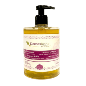 Envase de 500ml del Jabón de Alepo Ecológico Bio de DamasRiche, elaborado con aceite de oliva y 40% de aceite de laurel.
