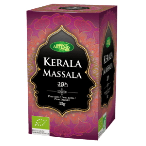 Caja de Kerala-Masala Ecológica Bio 30g 20 Bolsitas de Artemis, infusión ecológica de especias tradicionales indias disponible en Equitanea.