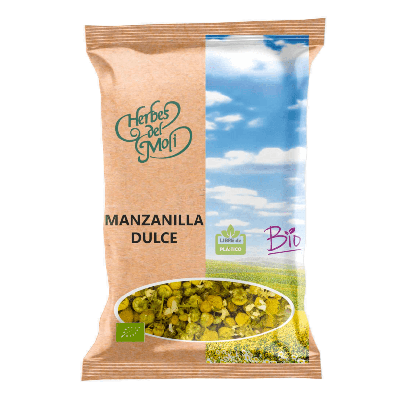 Manzanilla Dulce Ecológica Bio 30g de Herbes del Molí, ideal para relajar y mejorar la digestión, disponible en Equitanea.