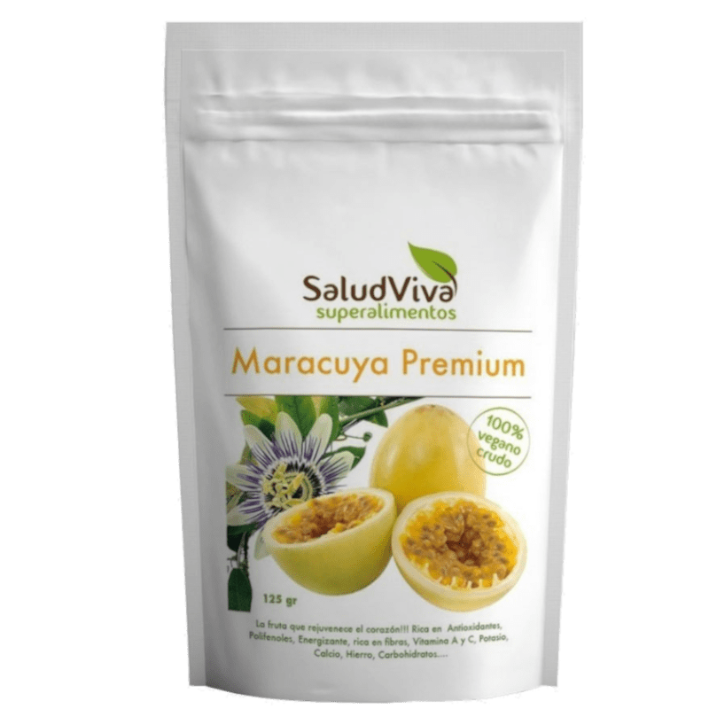 Maracuyá Premium Ecológico Bio 125gr de Salud Viva, fruta tropical llena de antioxidantes, fibra y vitaminas, 100% ecológica, disponible en Equitanea.