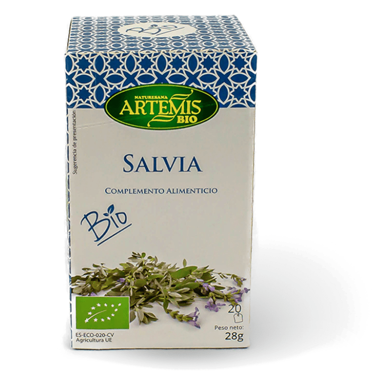 Caja de Salvia Ecológica Bio 30g 20 Bolsitas de Artemis, infusión natural y ecológica disponible en Equitanea.