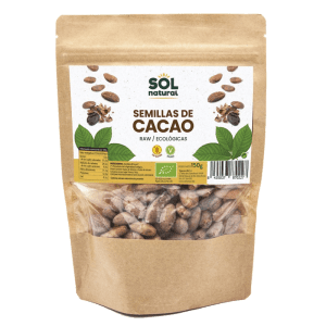 Semillas de cacao ecológicas de Sol Natural, superalimento rico en antioxidantes y magnesio, disponible en Equitanea.