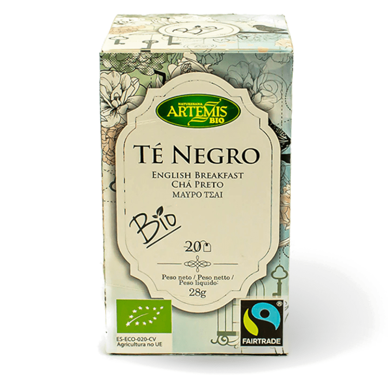 Caja de Té Negro Ecológico Bio 28g 20 Bolsitas Fairtrade de Artemis, con ingredientes ecológicos y sabor intenso. ¡A la venta en Equitanea!