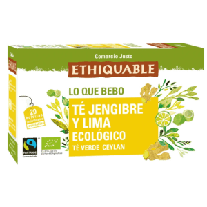 é Verde Ceylan con Jengibre y Lima Ecológico Bio 36gr 20 Bolsitas Ethiquable, ideal para disfrutar de una bebida revitalizante y saludable.