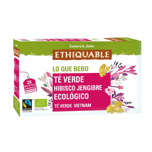 Infusión ecológica Té Verde Hibisco Jengibre 30gr 20 Bolsitas Ethiquable, ideal para revitalizar tu cuerpo de manera natural.