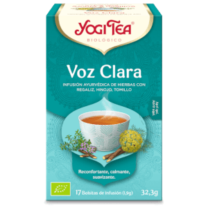 Voz Clara Ecológica Bio 32gr 17 Bolsitas de Yoga Tea, infusión natural que cuida la garganta y las vías respiratorias. Producto ecológico y saludable disponible en Equitanea.
